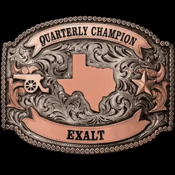 Show off your Texas Pride with the Rio Grande Custom Buckle! Detailed with a berry edge, copper scrolls, banners and Jeweler's Bronze elements. Personalize it now!